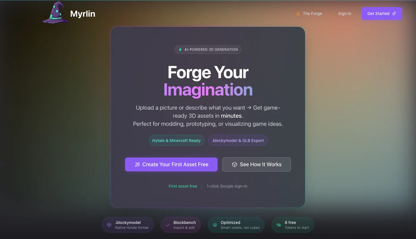 The Myrlin Forge home screen: a dark interface headed Forge Your Imagination, with a prompt to upload a picture or describe an asset, and buttons to create a first asset or see how it works.
